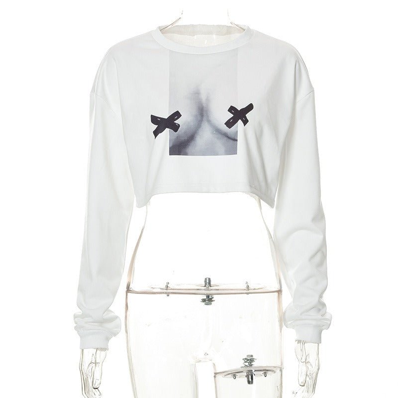 Levoire | Vêtements pour dames Automne Nouveau Imprimé Abstrait Manches Longues Sweatshirt Courte Rue Épice Fille Sweatshirt