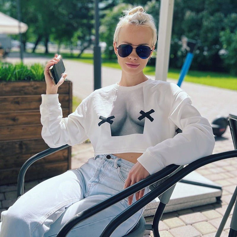 Levoire | Vêtements pour dames Automne Nouveau Imprimé Abstrait Manches Longues Sweatshirt Courte Rue Épice Fille Sweatshirt