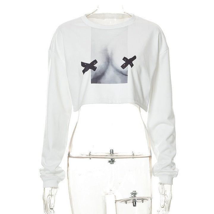 Levoire | Vêtements pour dames Automne Nouveau Imprimé Abstrait Manches Longues Sweatshirt Courte Rue Épice Fille Sweatshirt Blanc