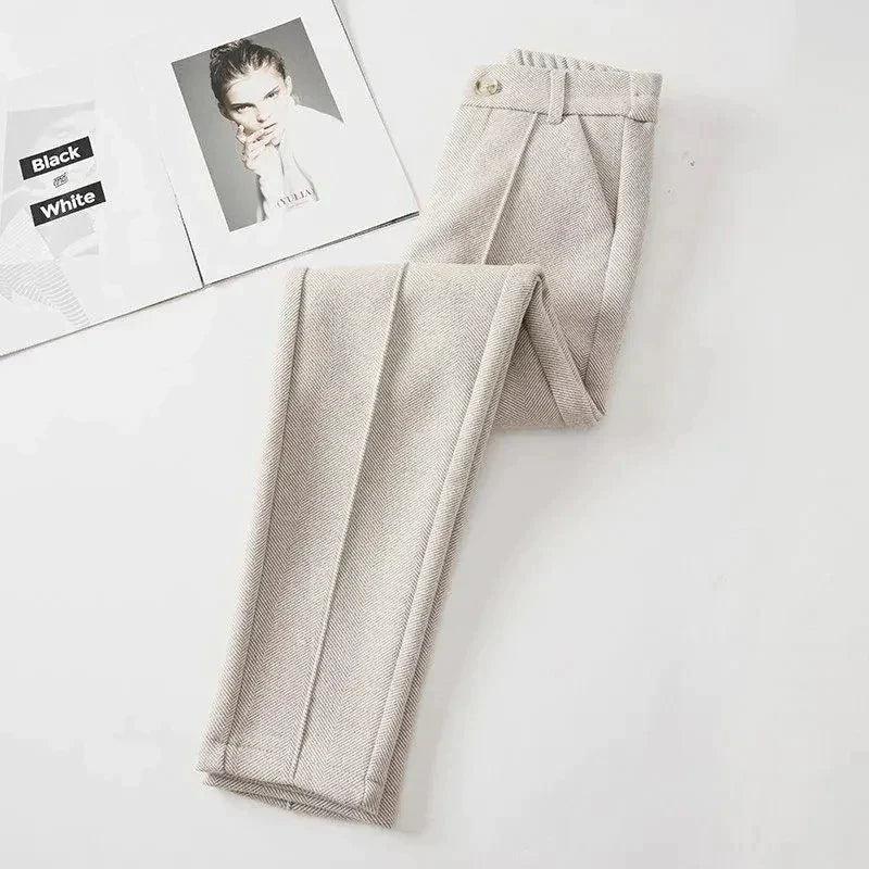Levoire | Femmes Mélange De Laine Taille Haute Affaires Décontracté Pantalon Beige XXL