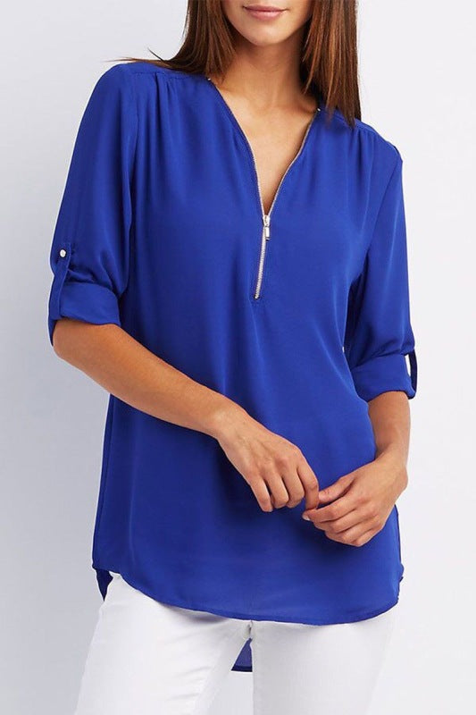Levoire | V-ouvert zip grande taille pour femmes à manches longues tricot ample pendule chemise chiffon Bleu royal