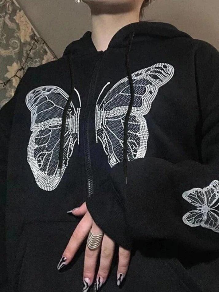 Levoire | Y2K Papillon Surdimensionné À Fermeture Éclair Sweat À Capuche Noir