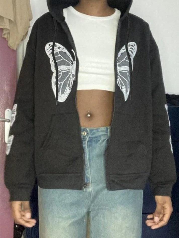 Levoire | Y2K Papillon Surdimensionné À Fermeture Éclair Sweat À Capuche