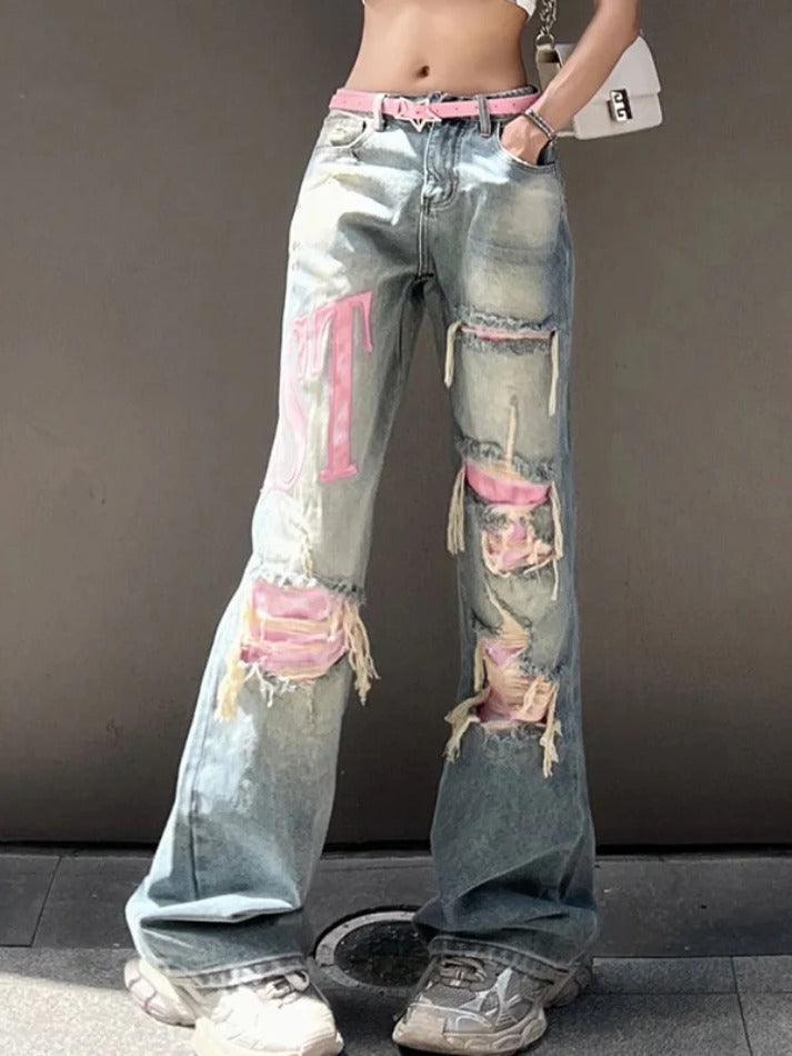 Levoire | Y2K Jean Boyfriend Rose Écorché Brodé