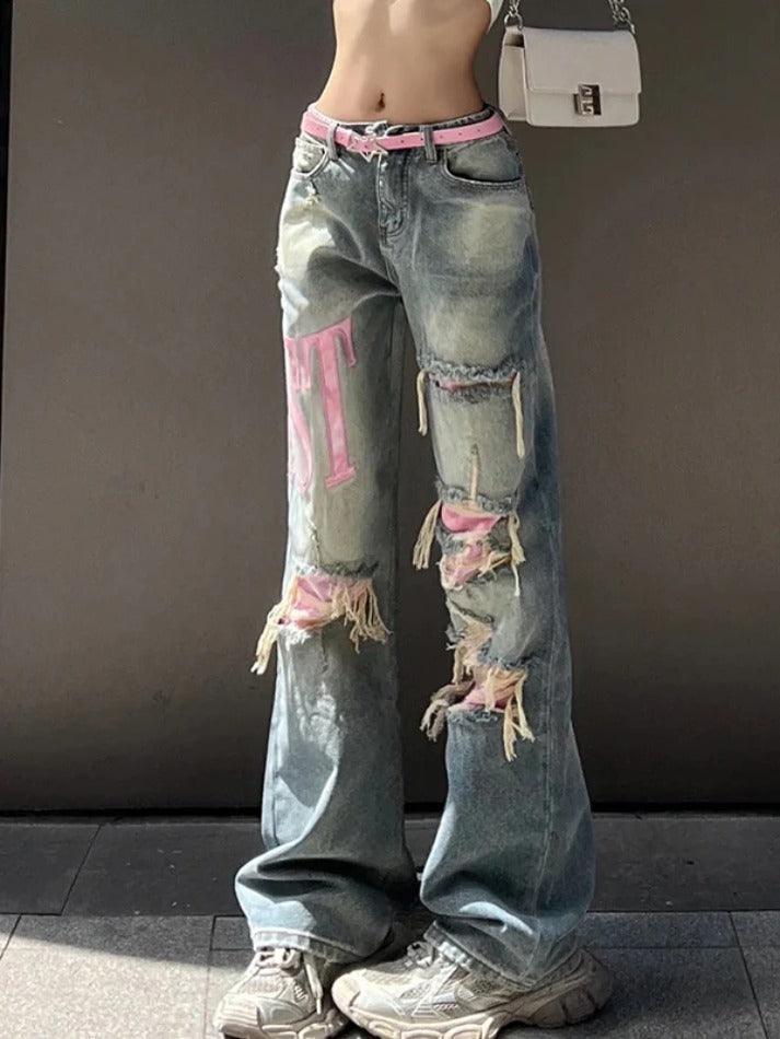 Levoire | Y2K Jean Boyfriend Rose Écorché Brodé