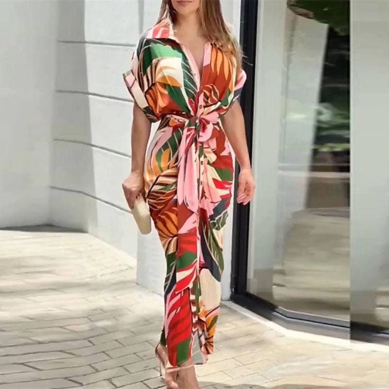 Levoire | Robe Midi À Col Retourné Et Ceinture À La Taille Multicolore