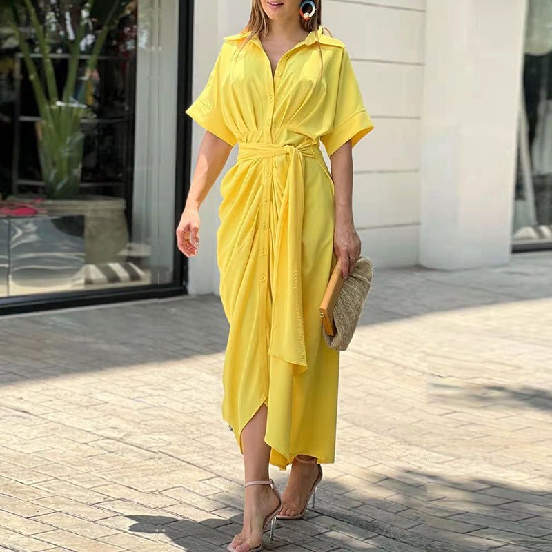 Levoire | Robe Midi À Col Retourné Et Ceinture À La Taille Jaune