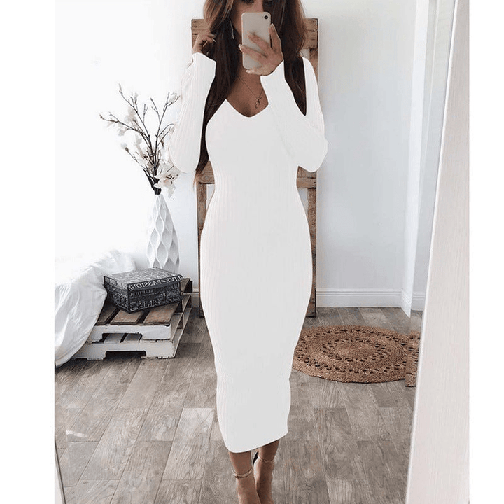 Levoire | Robe Longue Élégante Femme Tissu Ribbed Confortable Blanc