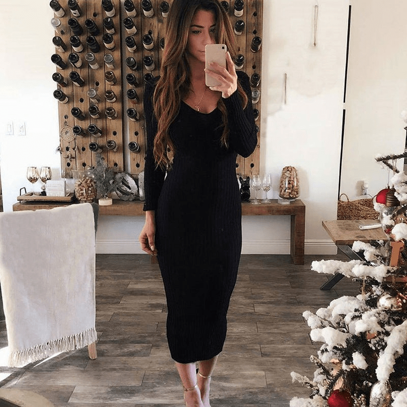Levoire | Robe Longue Élégante Femme Tissu Ribbed Confortable Noir