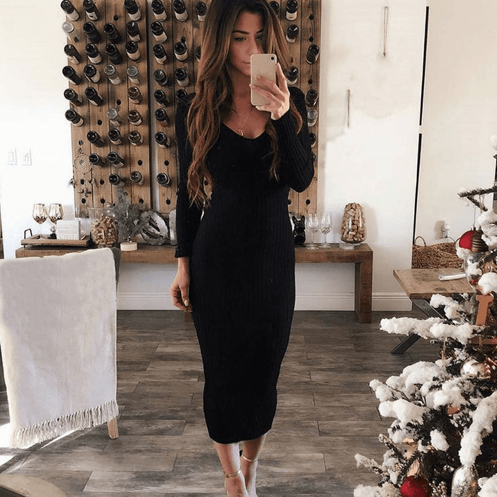 Levoire | Robe Longue Élégante Femme Tissu Ribbed Confortable Noir