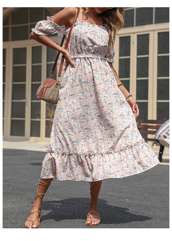 Levoire | Robe sans épaule avec des détails volants, robe off-shoulder à fleurs Blanc