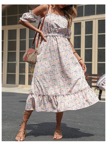 Levoire | Robe sans épaule avec des détails volants, robe off-shoulder à fleurs
